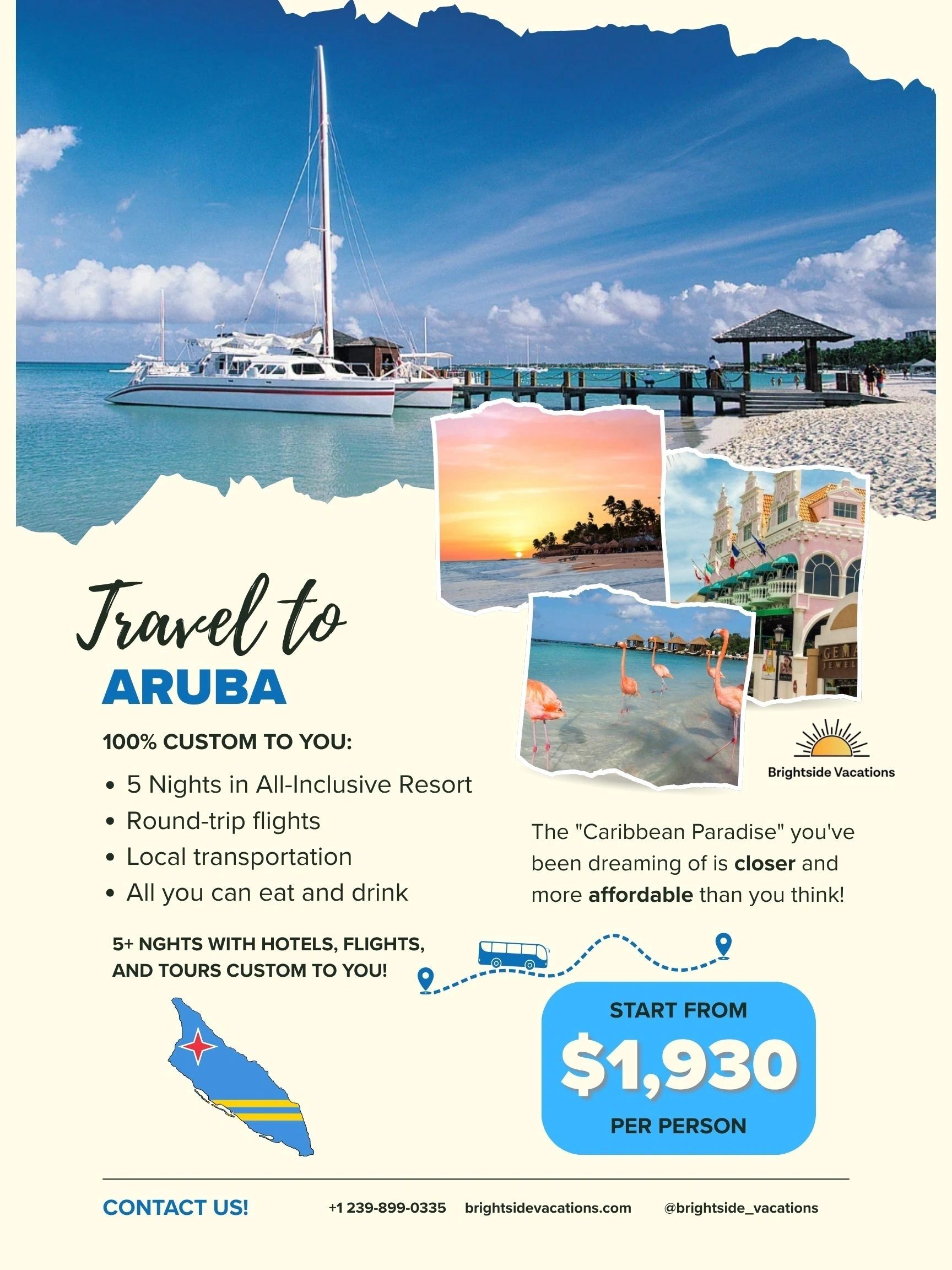 Travel package advertisement for Aruba vacation.