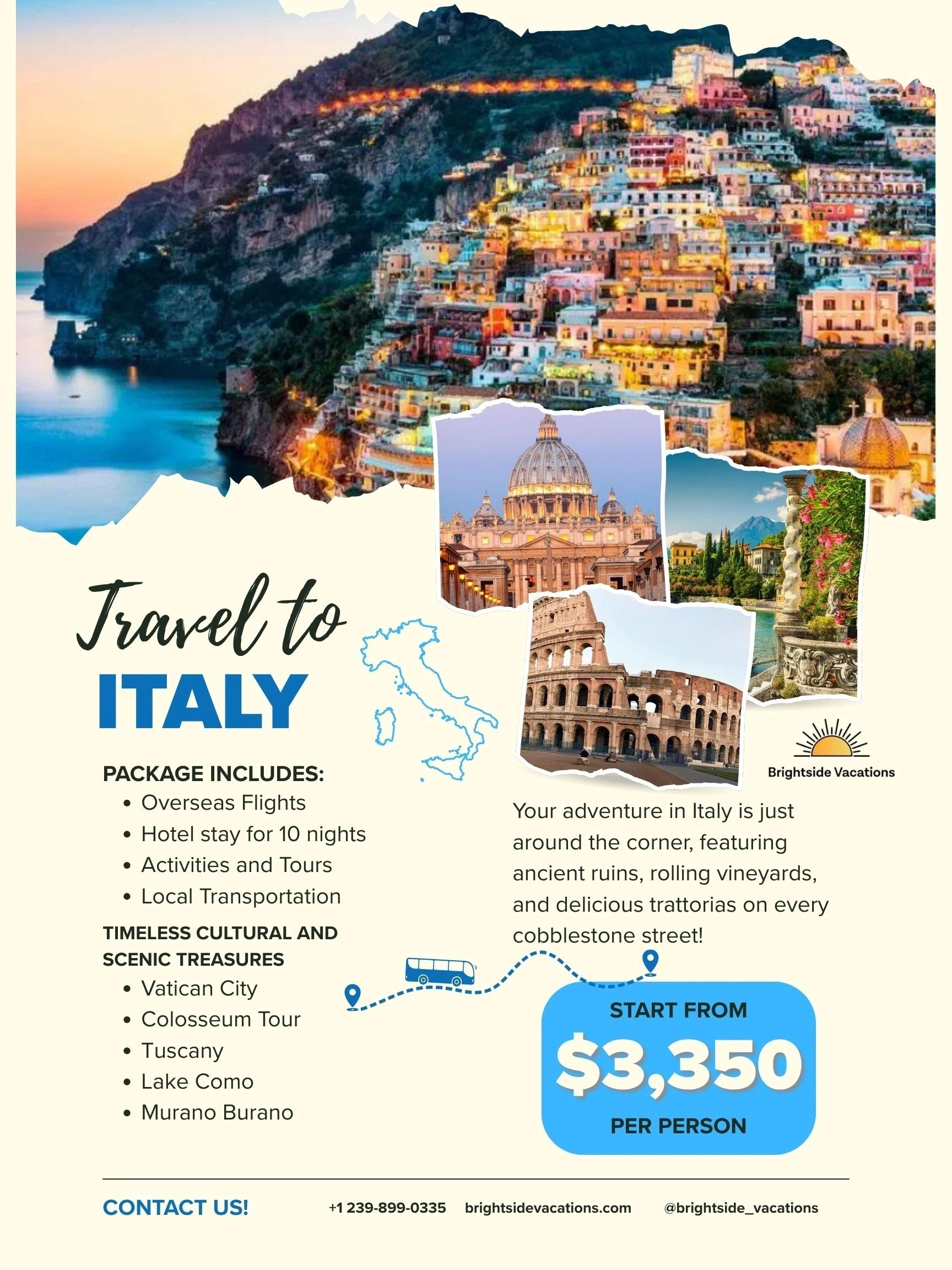 Travel to Italy promotional tour package.