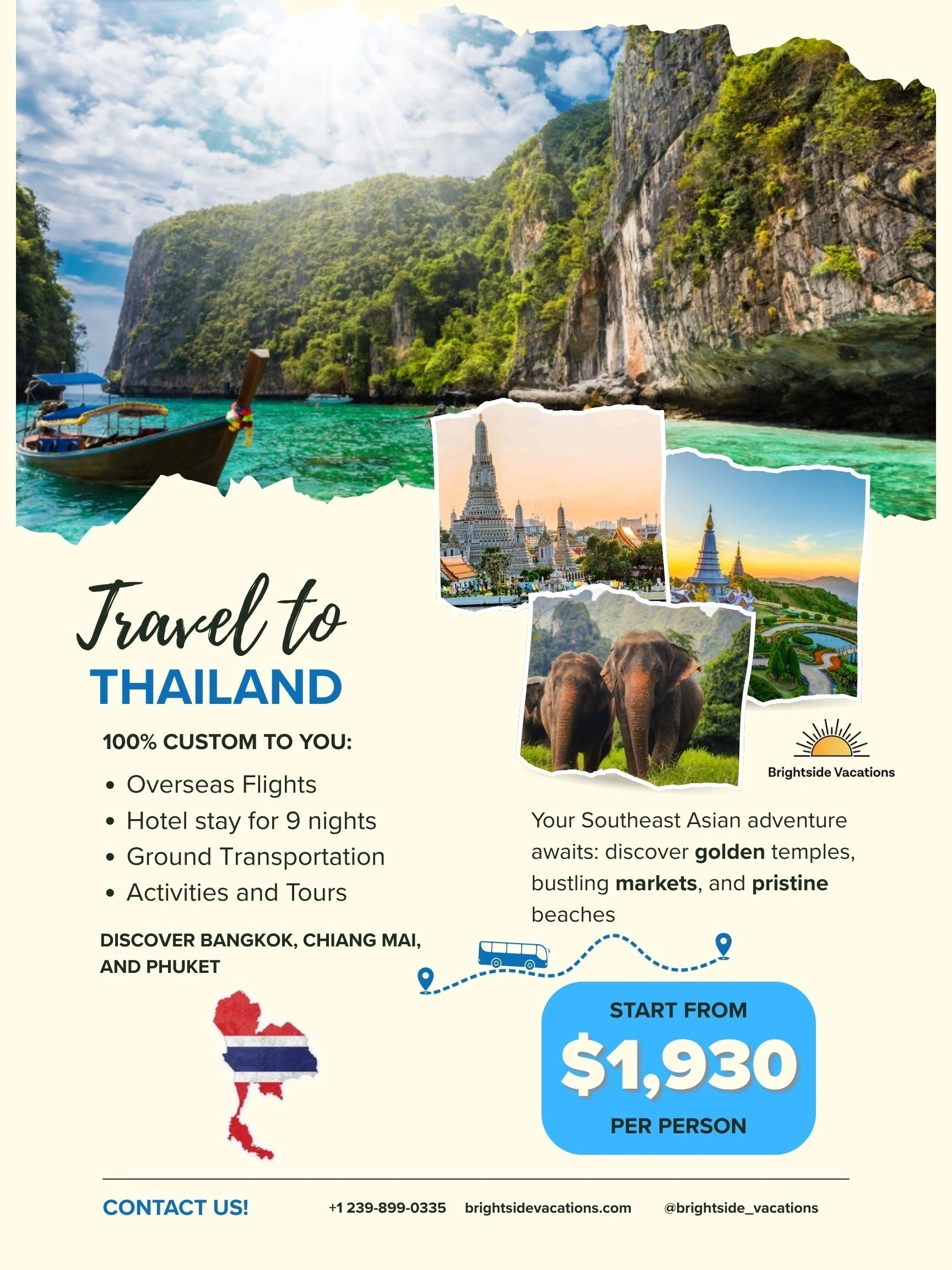 Travel to Thailand promotional travel package flyer.