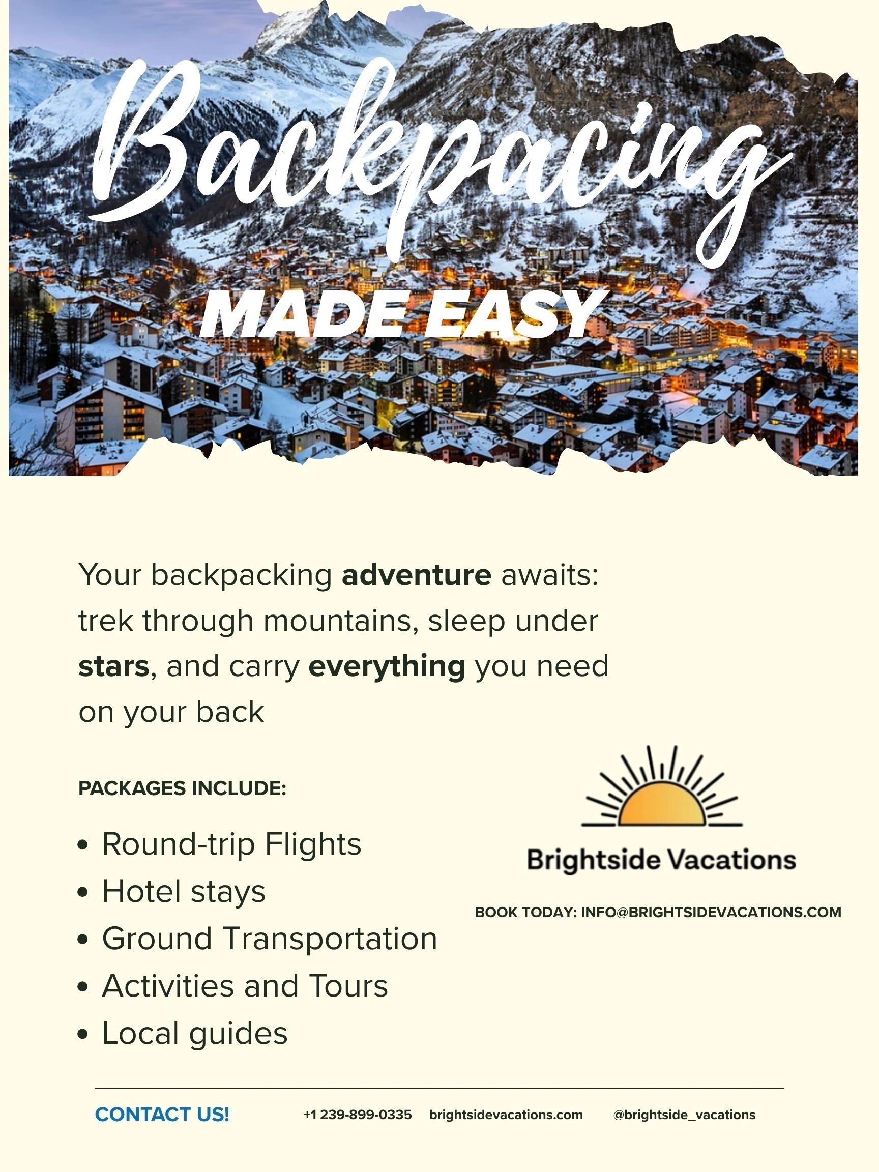Snowy mountain village with backpacking brochure text
